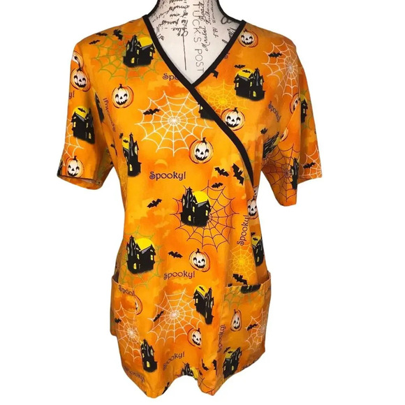Halloween scrub top by SB Scrubs, Women’s size  medium haunted graphic print - Picture 1 of 8